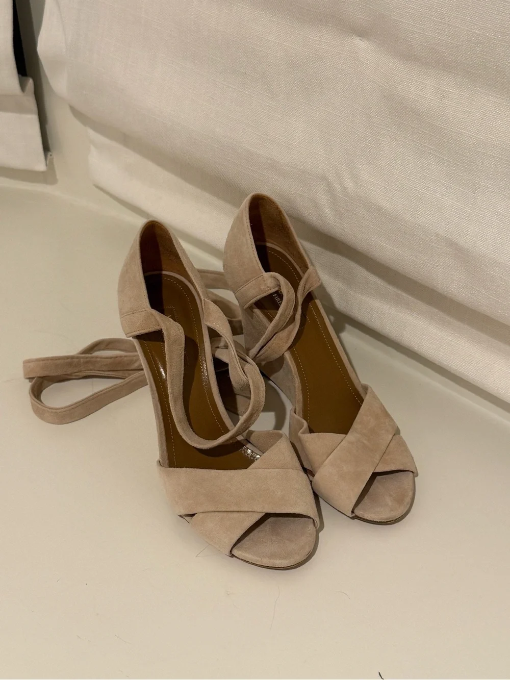 Aquazzura Beige Suede Tie-Wrap Wedge Sandals - Picture 2 of 3